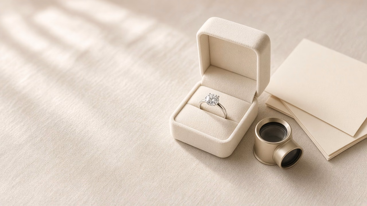 A diamond solitaire in an ivory ring box beside a jeweler loupe and blank note cards