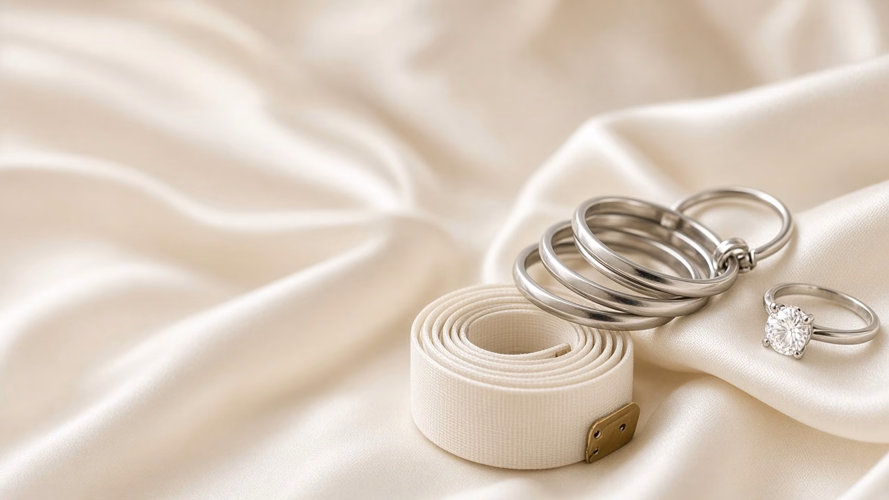 Steel ring sizer gauges, a fabric measuring tape, and a solitaire ring on ivory satin
