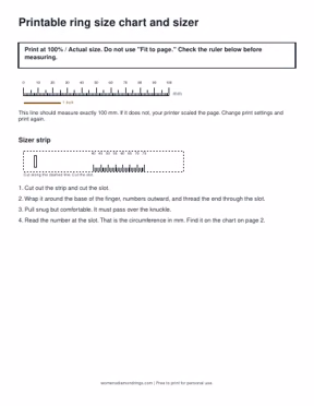 First page of the Ring size chart and sizer PDF